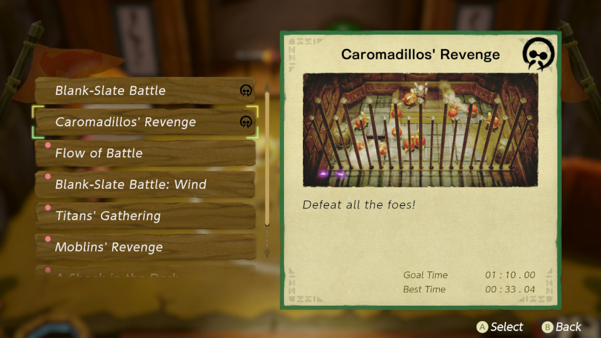 Caromadillo's Revenge shown in the Slumber Dojo menu in Zelda: Echoes of Wisdom