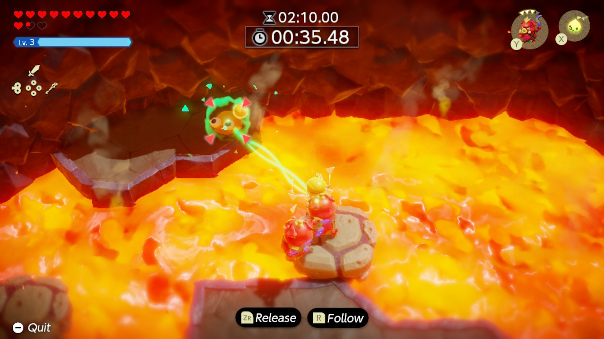 Use your Bind ability to lift the Mini-Moldorm into the lava during Floating on Fire at the Slumber Dojo in Zelda: Echoes of Wisdom