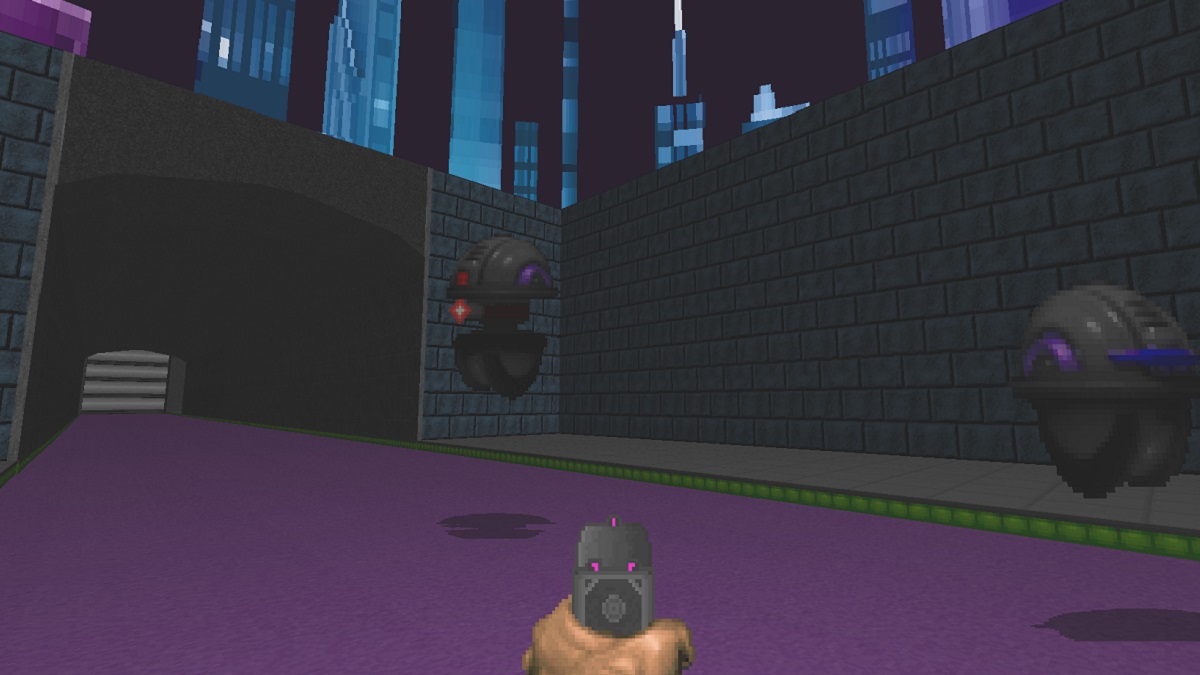 A Doom 2 level but it's in neon, such as a bright, purple floor.