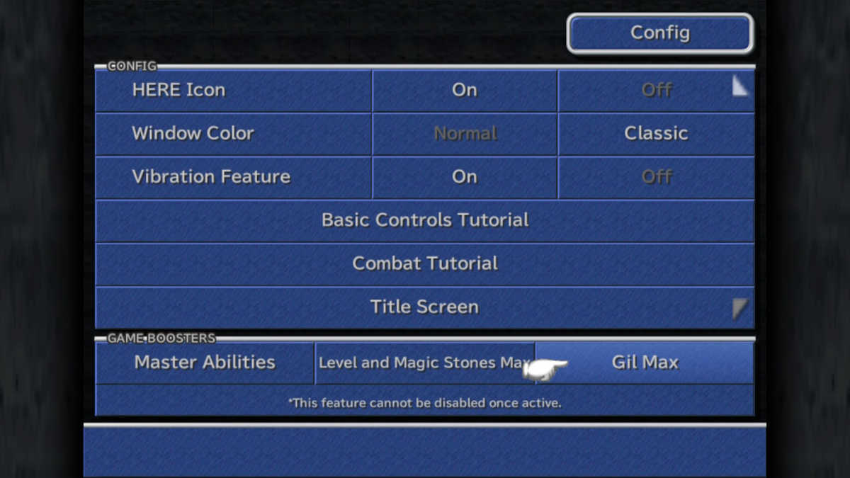 Config menu cheats in Final Fantasy IX on Nintendo Switch