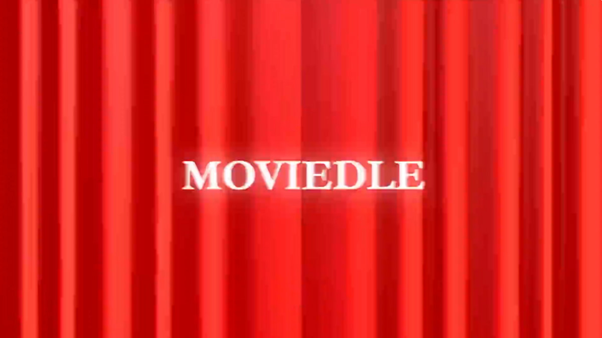 Red front curtain with letters that spell out Moviedle