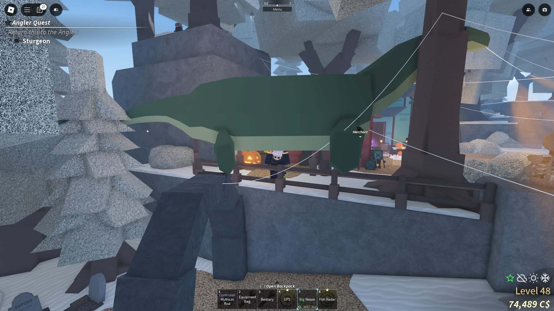 Player holding a Nessie in front of the Appraiser NPC in Fisch Roblox