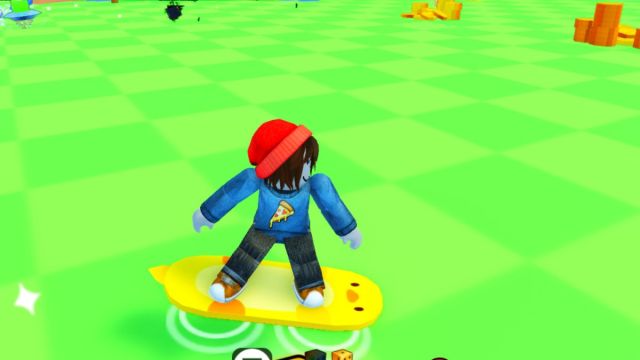 Character flying on a Ducky hoverboard in PETS GO!