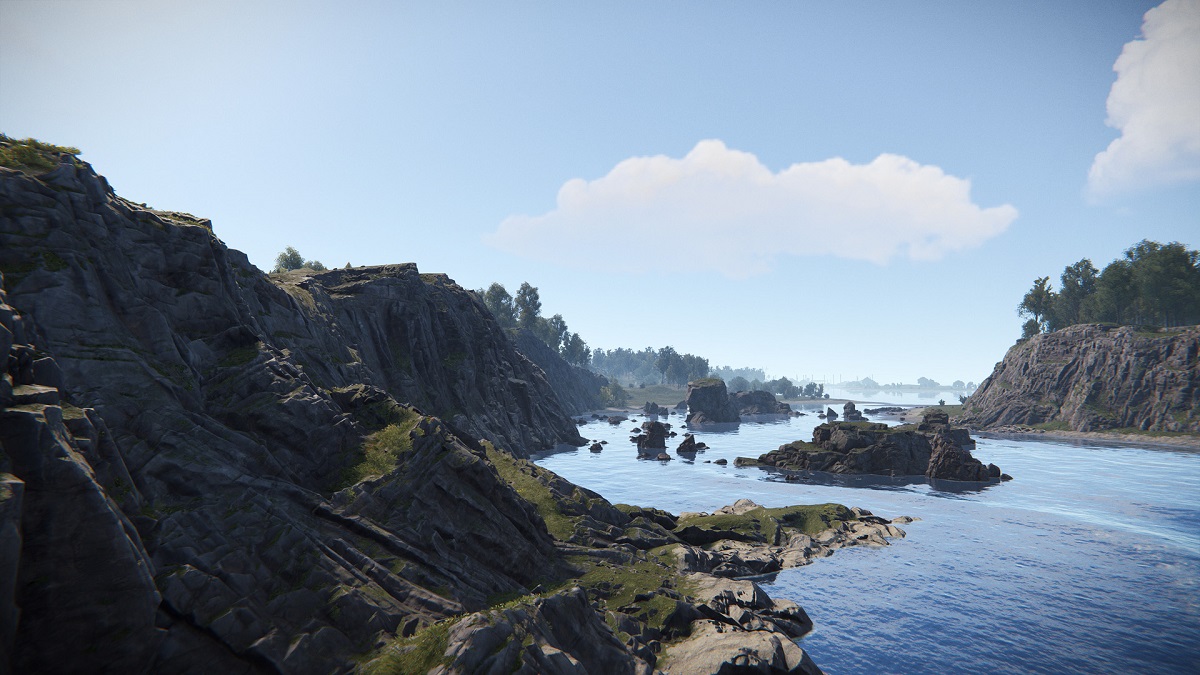 Rust: a beautiful vista showing rocky cliff sides and a body of water.