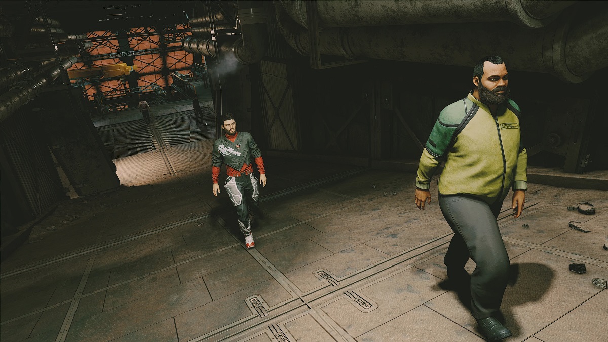 Starfield: two male NPCs walk up a steel incline in an industrial looking area.