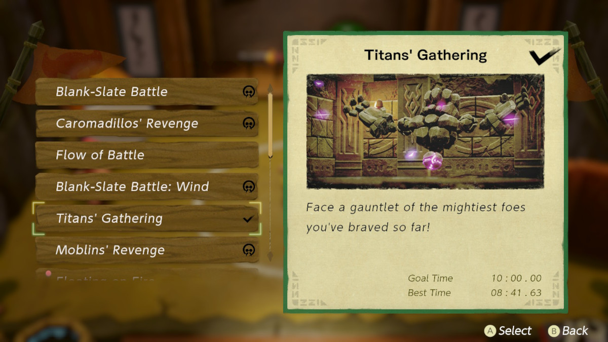 Titans' Gathering in the Slumber Dojo menu in Zelda: Echoes of Wisdom