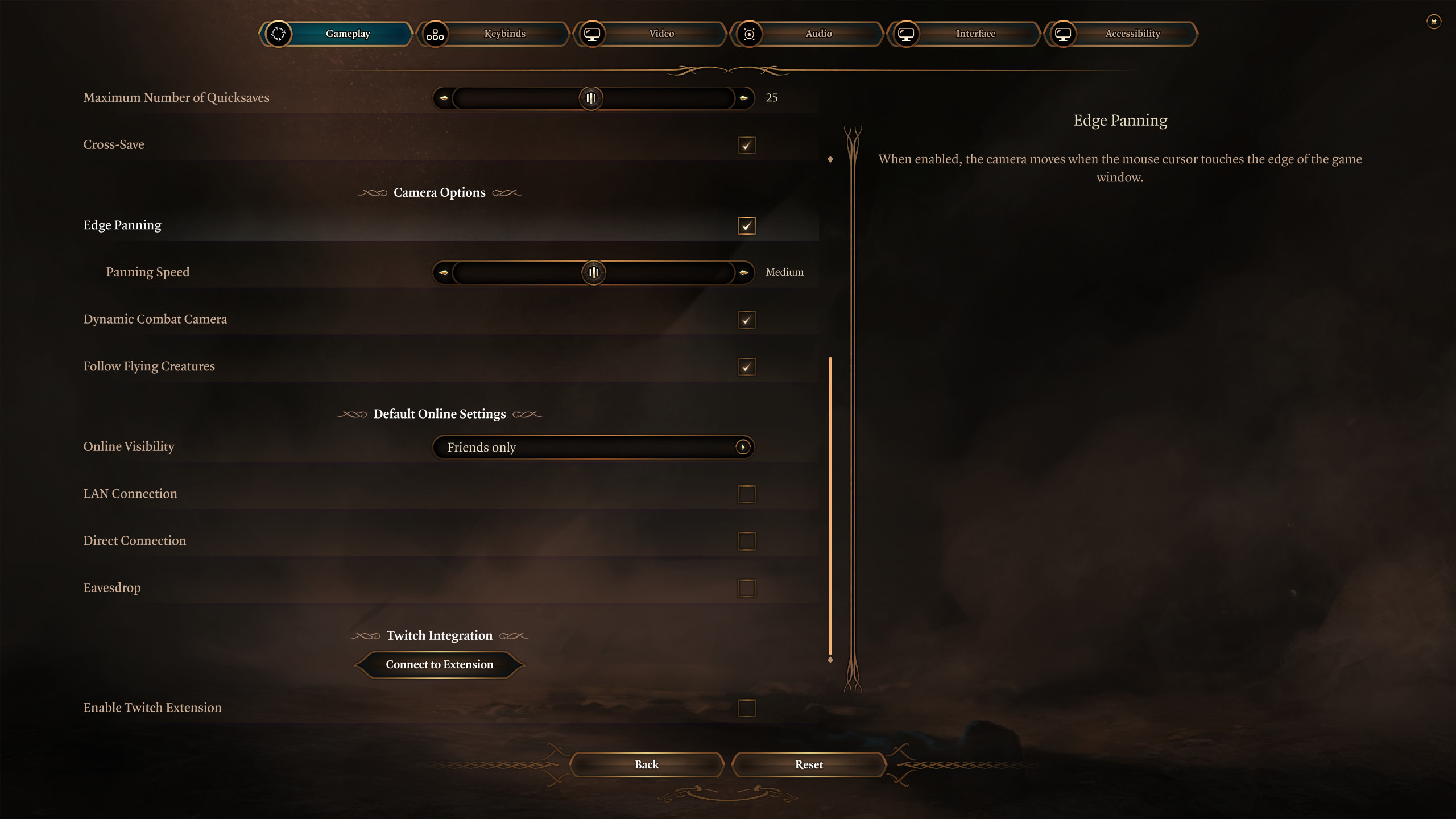 Baldur's Gate 3 Edge Panning settings in the Options menu.