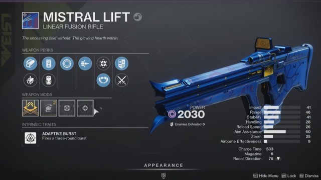 A screenshot of Destiny 2's Dawning 2024 weapon.