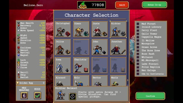 Richter Belmont in Vampire Survivors Ode to Castlevania. 