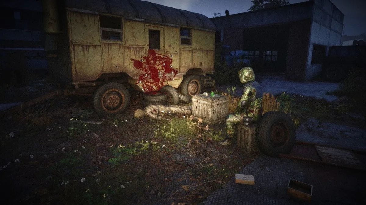 A picture showing the fallout of a loner face-off in STALKER 2's Rostok industrial zone.