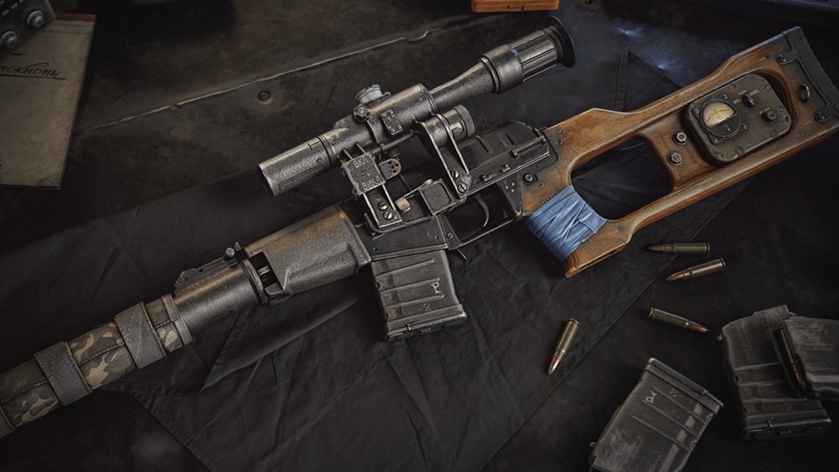 An in-game render of STALKER 2's 'Veteran' version of the As VSS carbine.