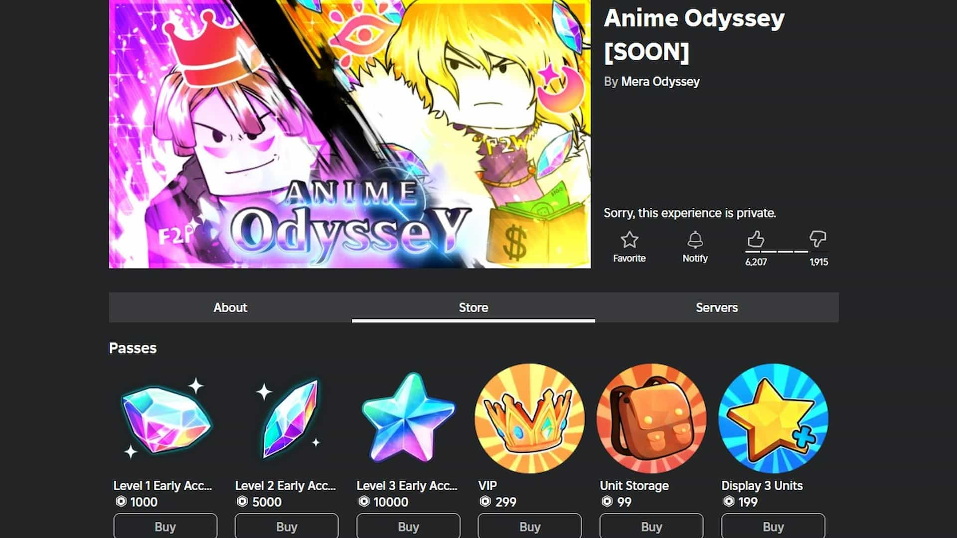 Early access gamepass in Anime Odyssey Roblox experience