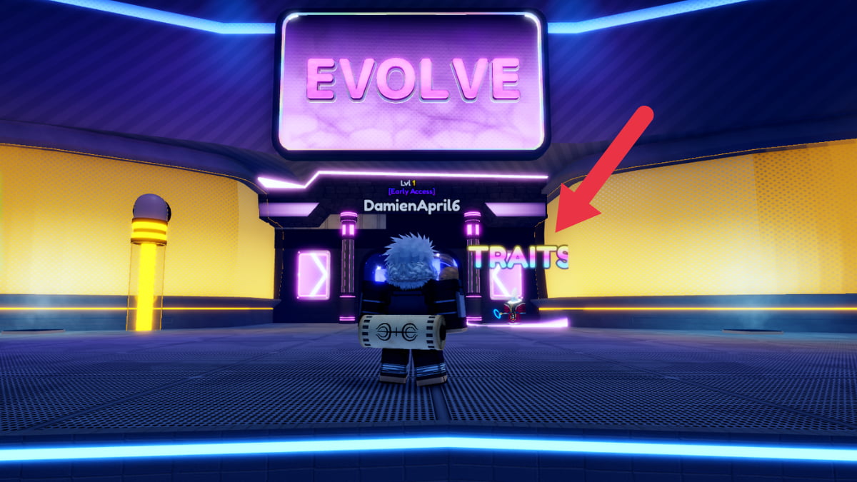 A player standing in front of the Evolve Chamber in Anime Realms.