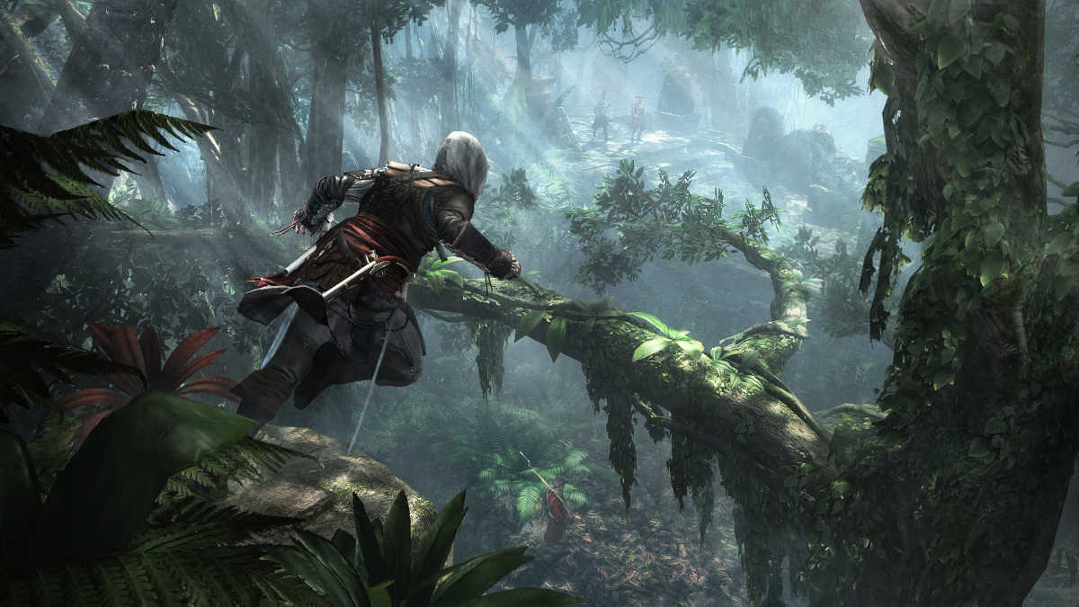 Edward Kenway traversing a jungle in Black Flag.