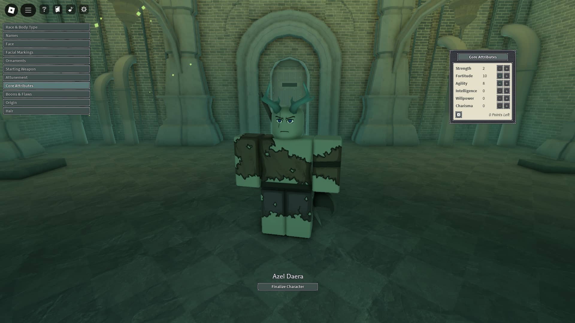 Player distributing attribute points during character creation in the Deepwoken Roblox experience