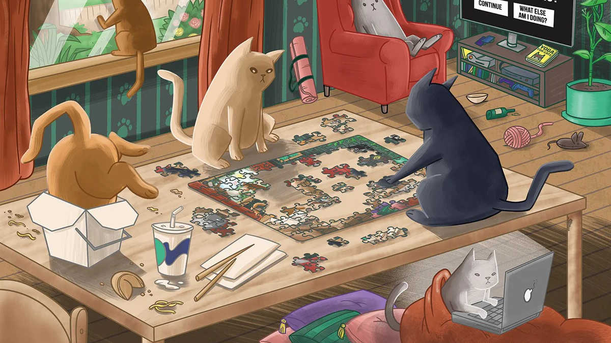 Cats doing a puzzle