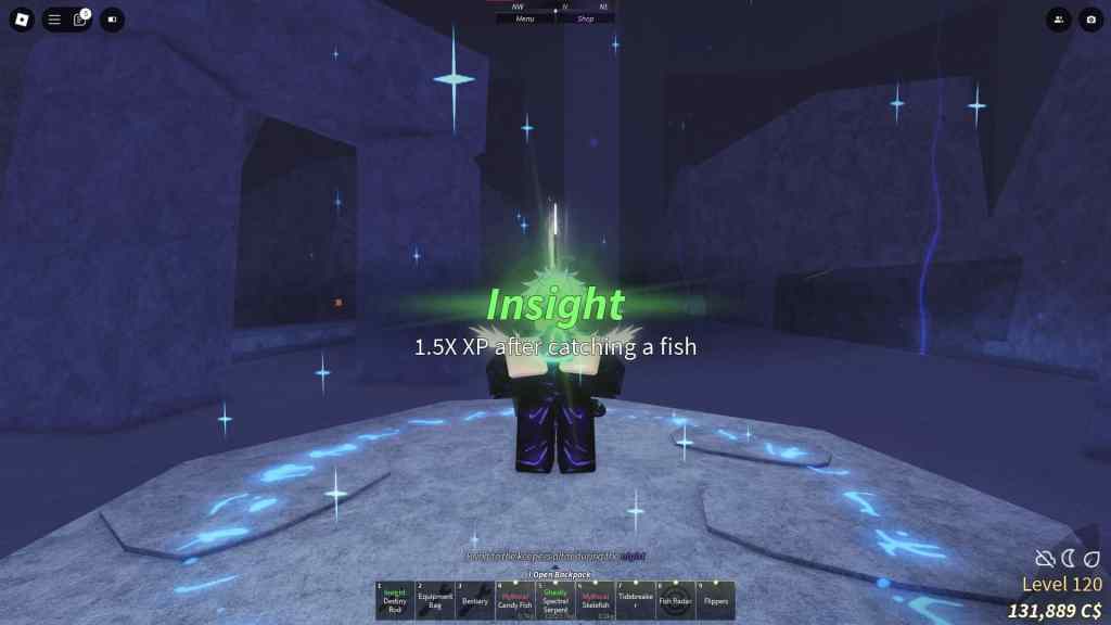 Player enchanting the Destiny Rod with the Insight Enchant in Fisch Roblox