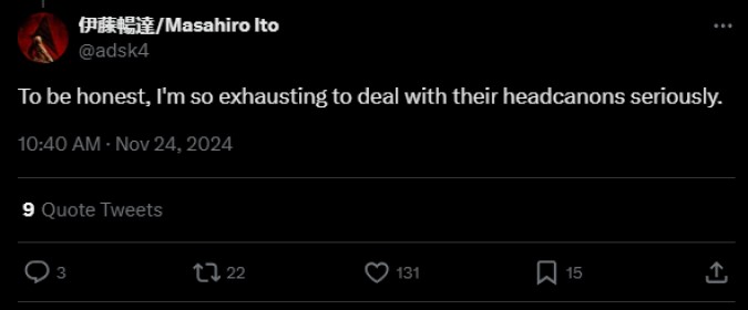 A screenshot from Twitter displaying a Tweet from Silent Hill 2 artist Masahiro Ito stating "To be honest, I'm so exhausting to deal with their headcanons seriously."