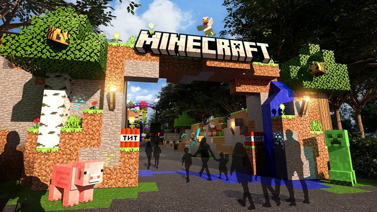 A mock-up image showing silhouettes of people walking into a Minecraft-style theme park entrance.