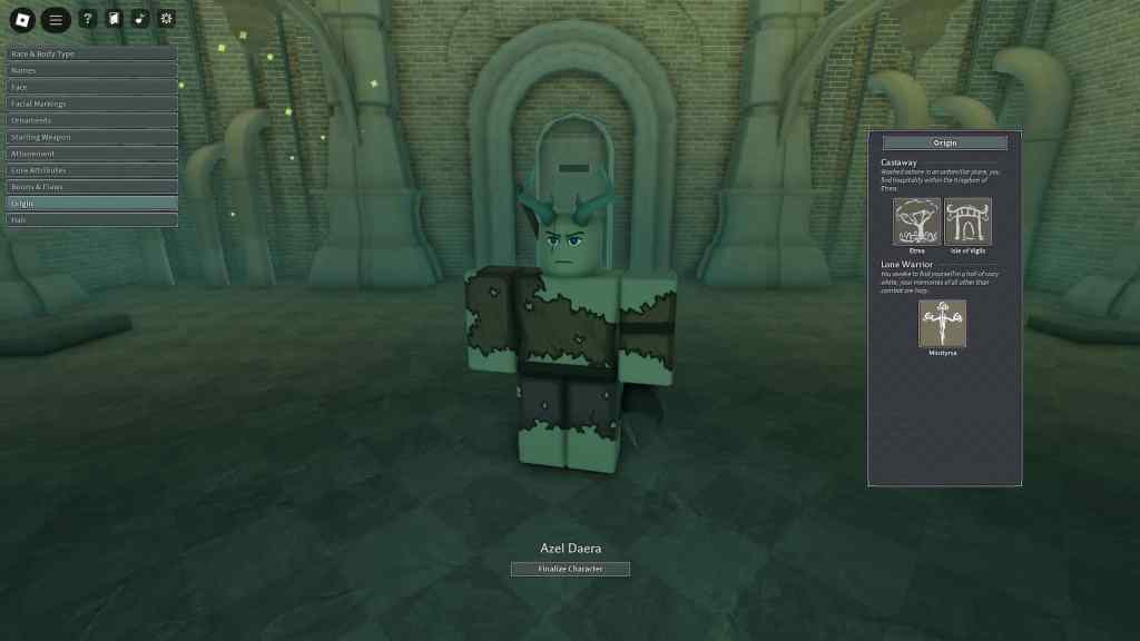 Player choosing an origin during character creation in the Deepwoken Roblox experience