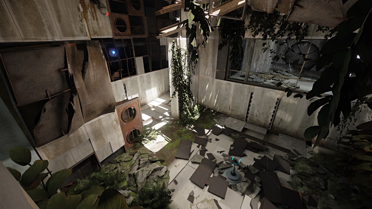 Portal 2: A wide-angle view of a dilapidated test chamber with some nice shadow and lighting effects.