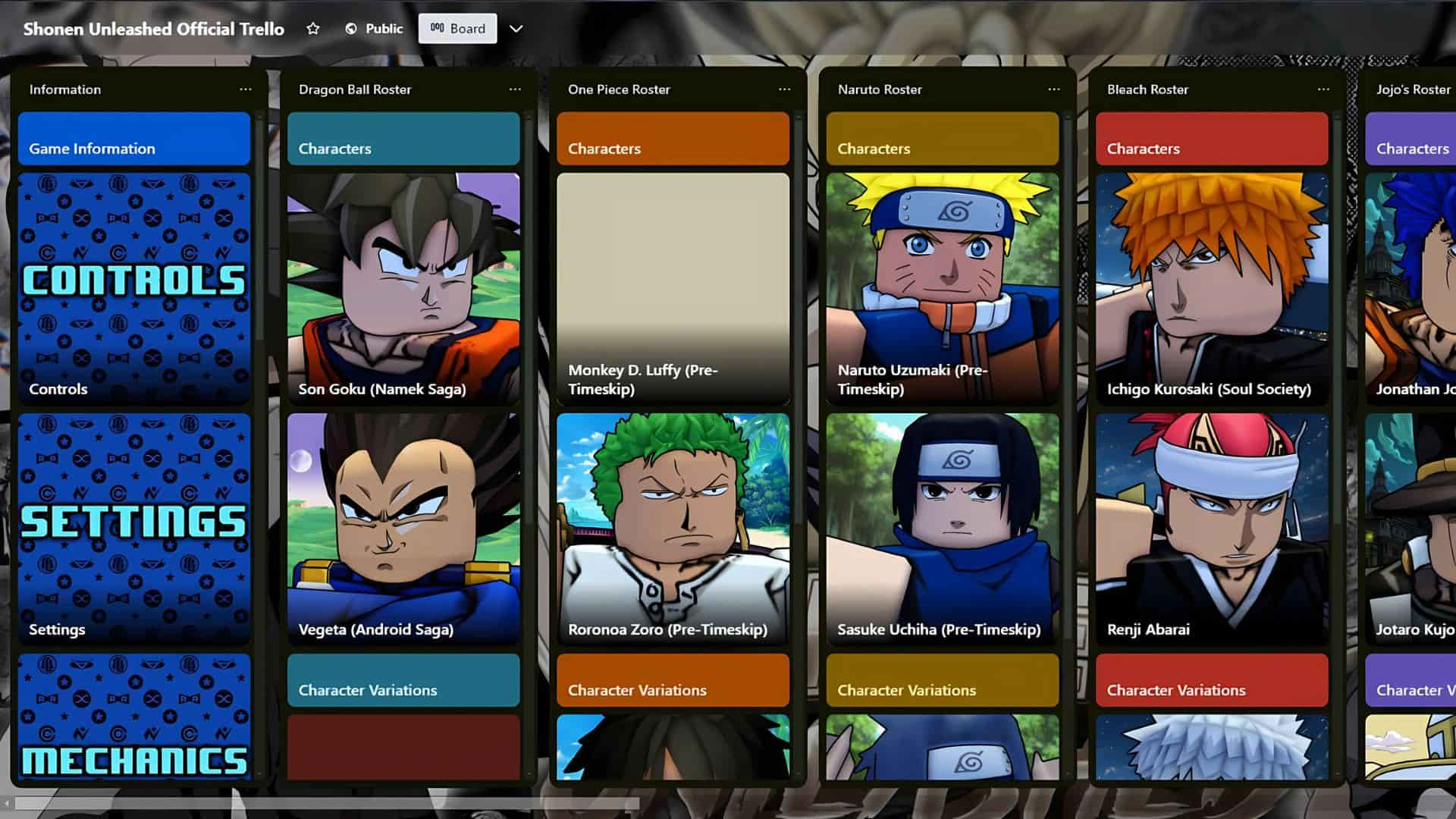 Shonen Unleashed trello board preview