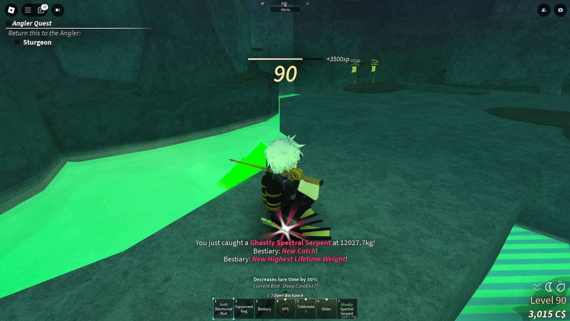 Player catching a Spectral Serpent in Fisch Roblox experience