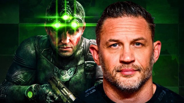 Splinter Cell: actor Tom Hardy in front of CIA operative Sam Fisher, who's wearing night-vision goggles.