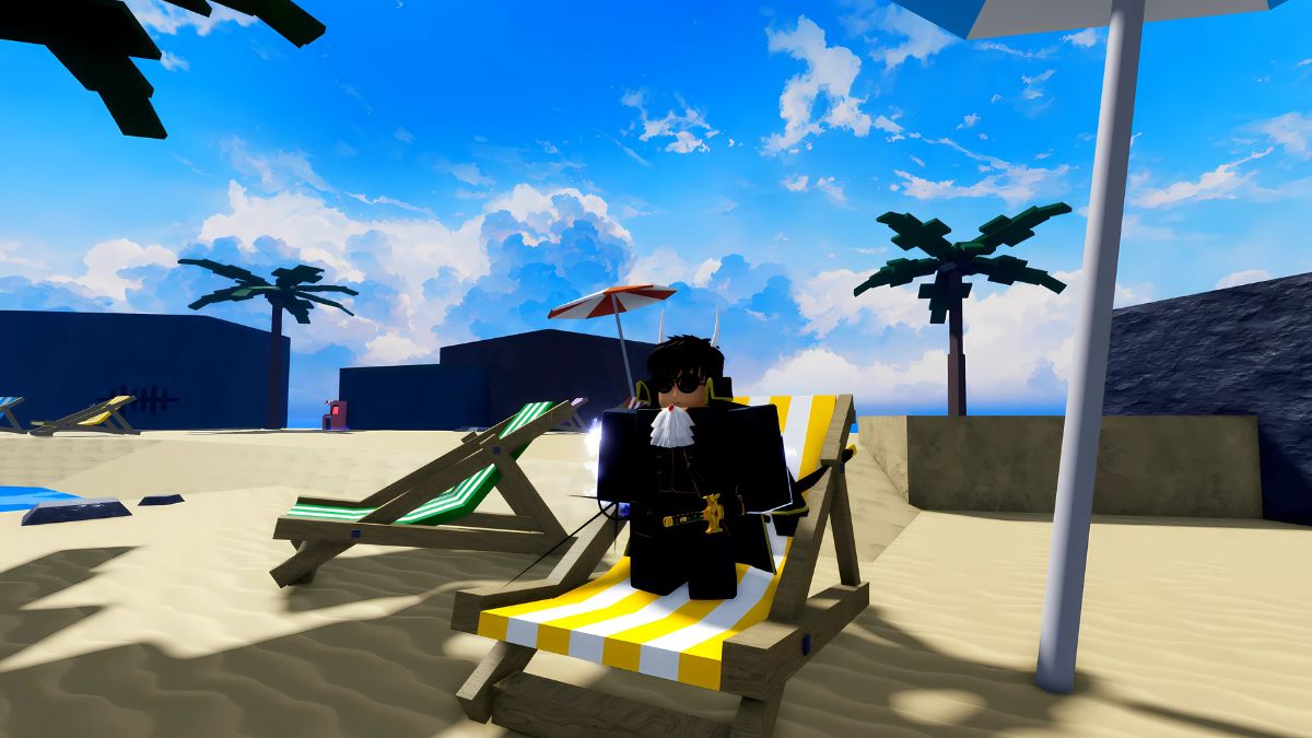 Person chilling on the beach in Verse Piece Roblox experience