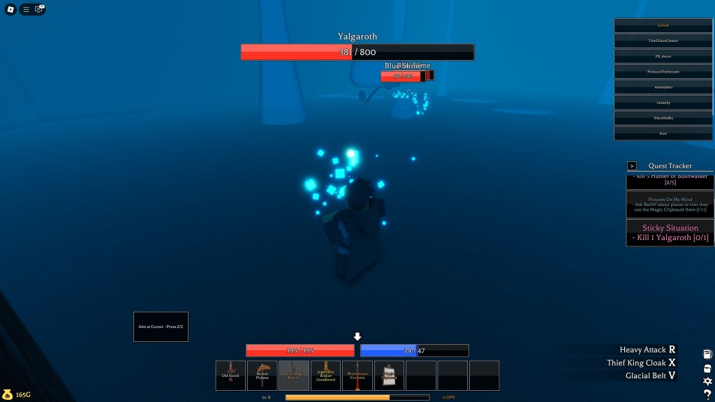 A Roblox character is fighting a boss and using all weapons in Pilgrammed The Raindrops