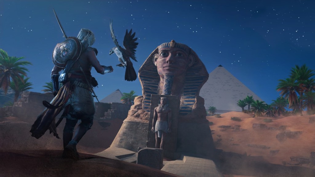 Bayek near the Sphinx in Assassin's Creed Origins