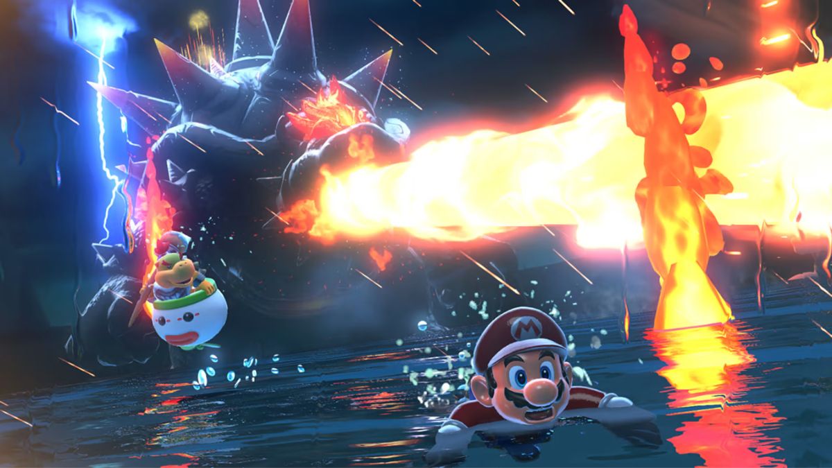 Bowser Jr and Mario escaping from Fury Bowser.