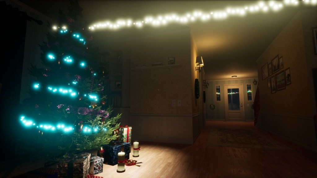 A living room with an illuminated Christmas tree in Evil Holiday