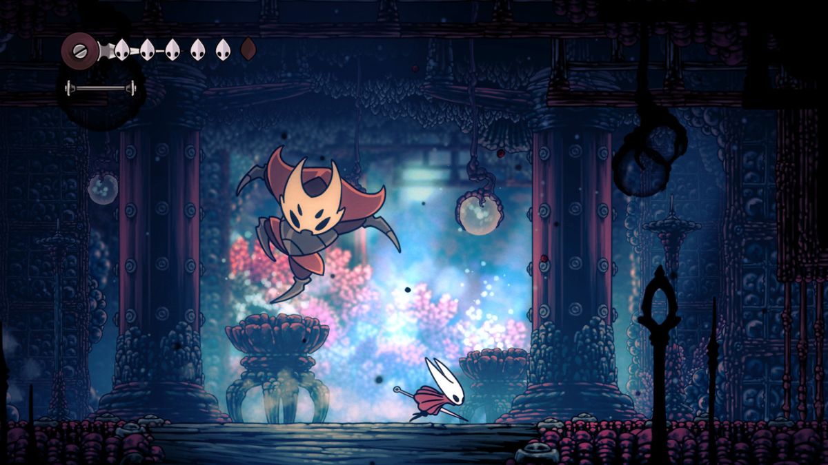 Gameplay of Hornet fighting a boss in Hollow Knight: Silksong.