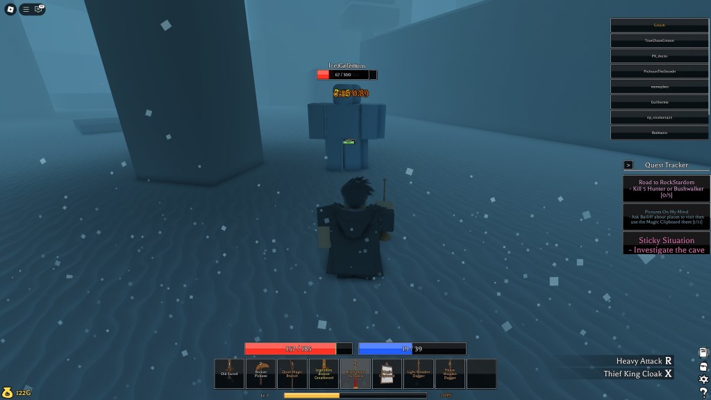 A Roblox character is running and fighting at the same time in Pilgrammed The Raindrops