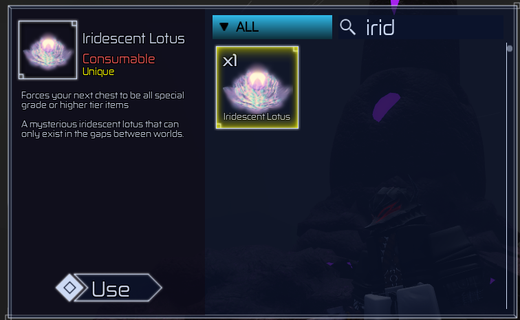 Iridescent Lotus inside an inventory in Jujutsu Infinite