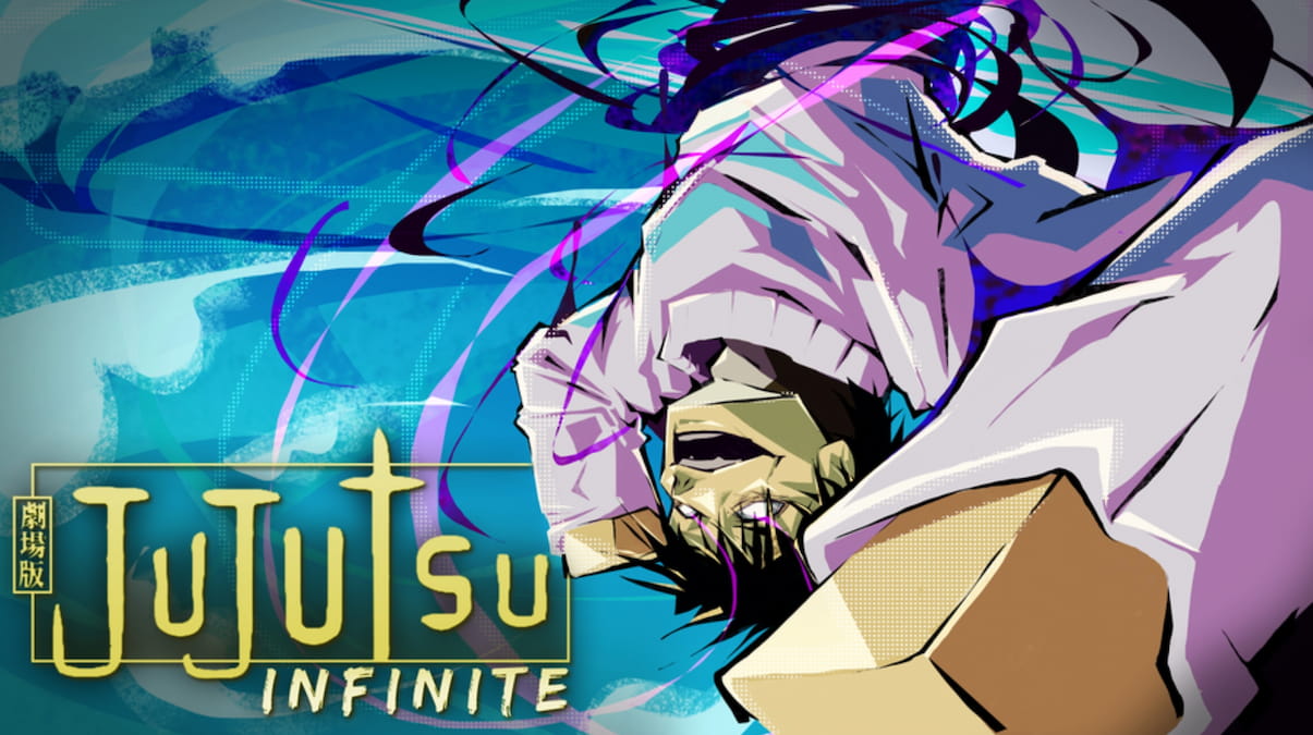 The Jujutsu Infinite logo with a person upside down next to it