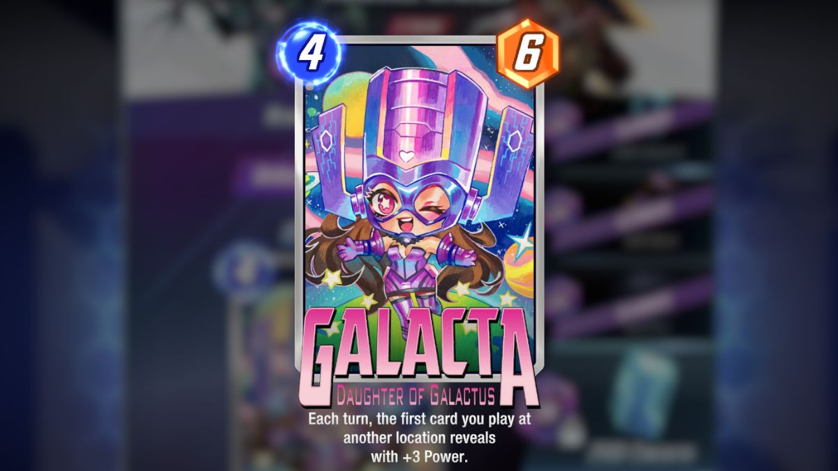 A screenshot highlighting the card Galacta. Text reads "Each turn, the first card you play at another location reveals with +3 power"