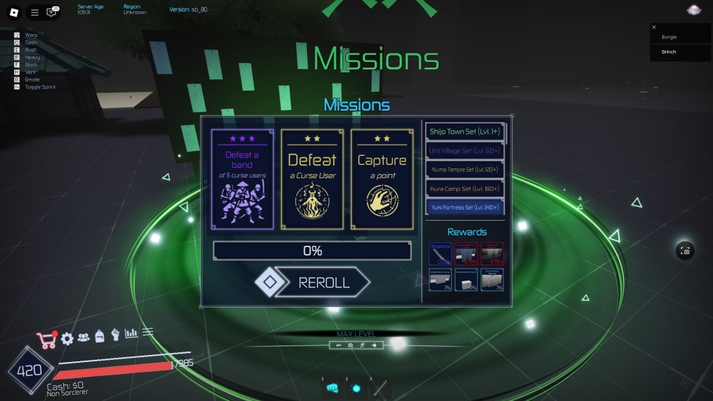 Mission select screen in Sandbox mode in Jujutsu Infinite