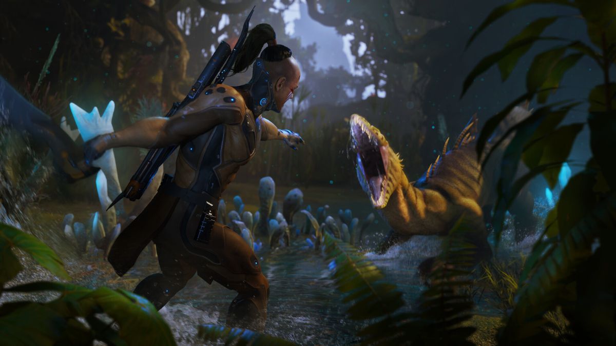 One of the playable characters in Turok Origins fighting against a dinosaur.