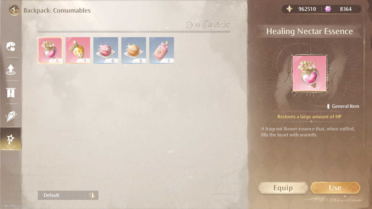 Consumables in the backpack in Infinity Nikki