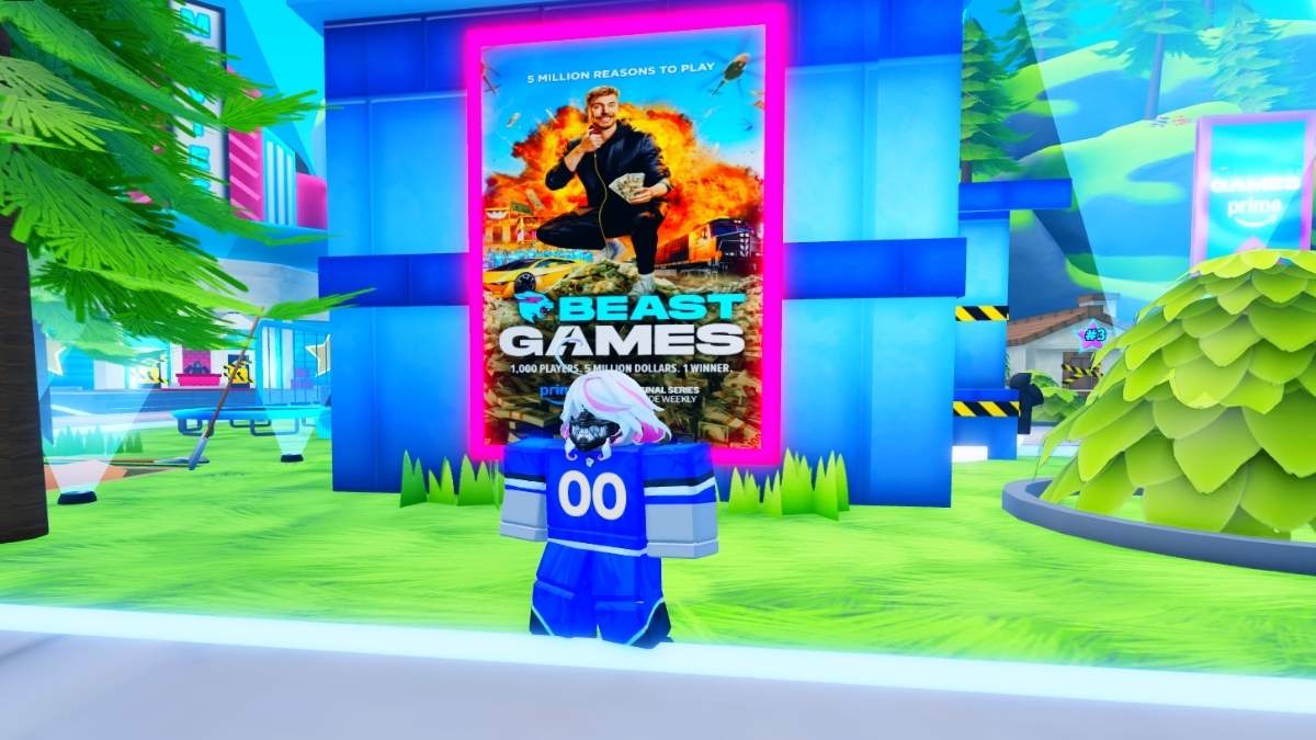 Roblox avatar standing in front of the Beast Games banner in Beast Games Roblox