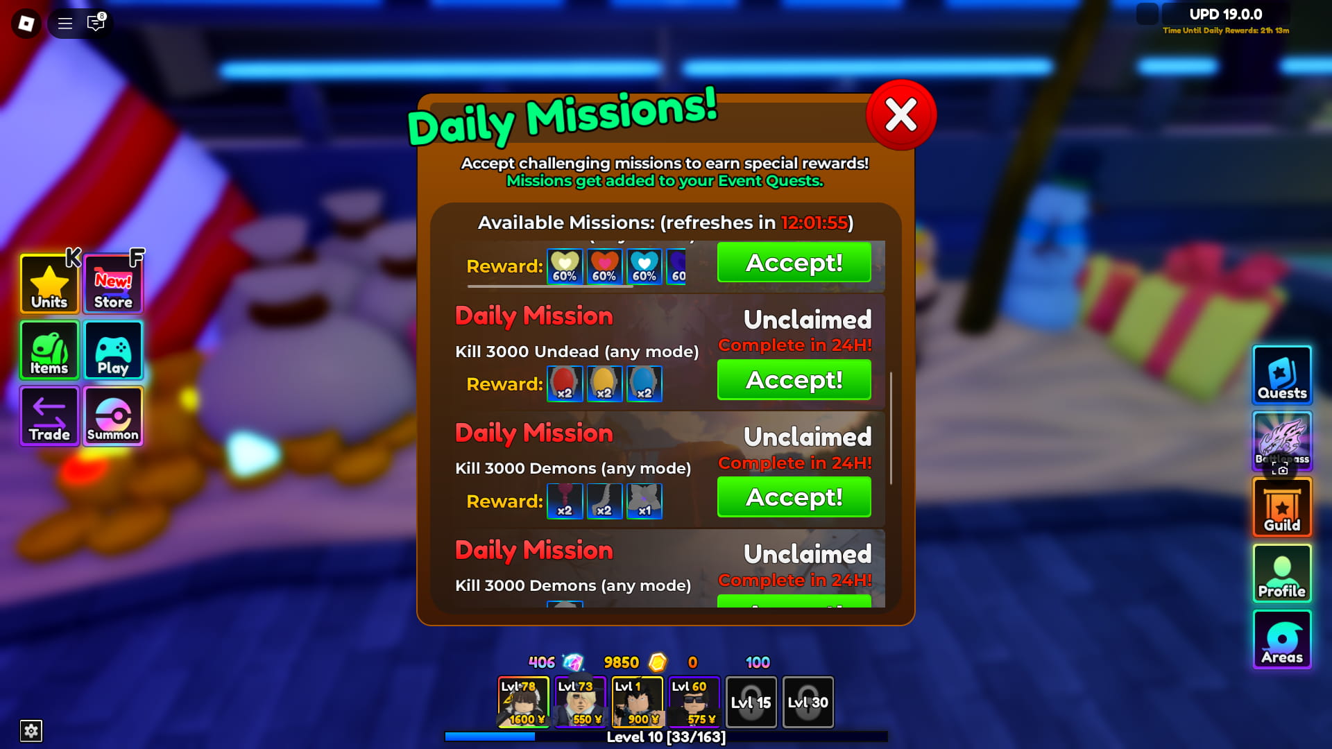 Preview of daily missions in Anime Adventures that have Sovereign's Rings as a reward