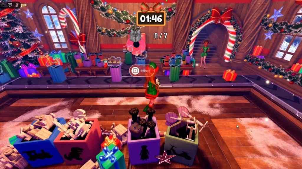 A Dress to Impress player helps the elves to pack gift boxes.