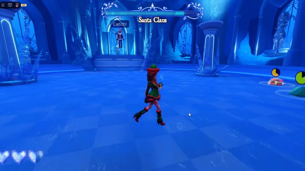 A player fights the Santa Clause boss in an ice cave