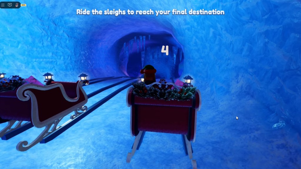 A player sitting in a sleigh in an ice cave