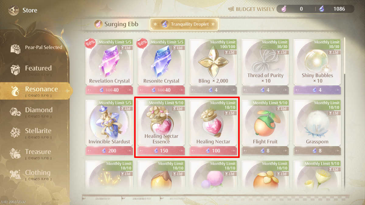 Healing items in the store in Infinity Nikki