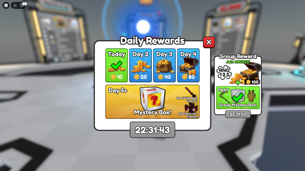 A preview of the daily rewards menu in RNG Battles Roblox experience