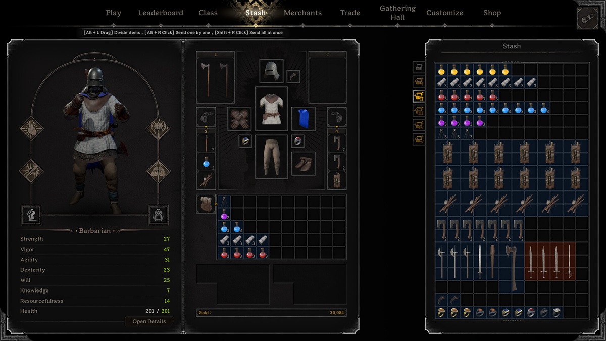 Inventory screen of a character in Dark and Darker