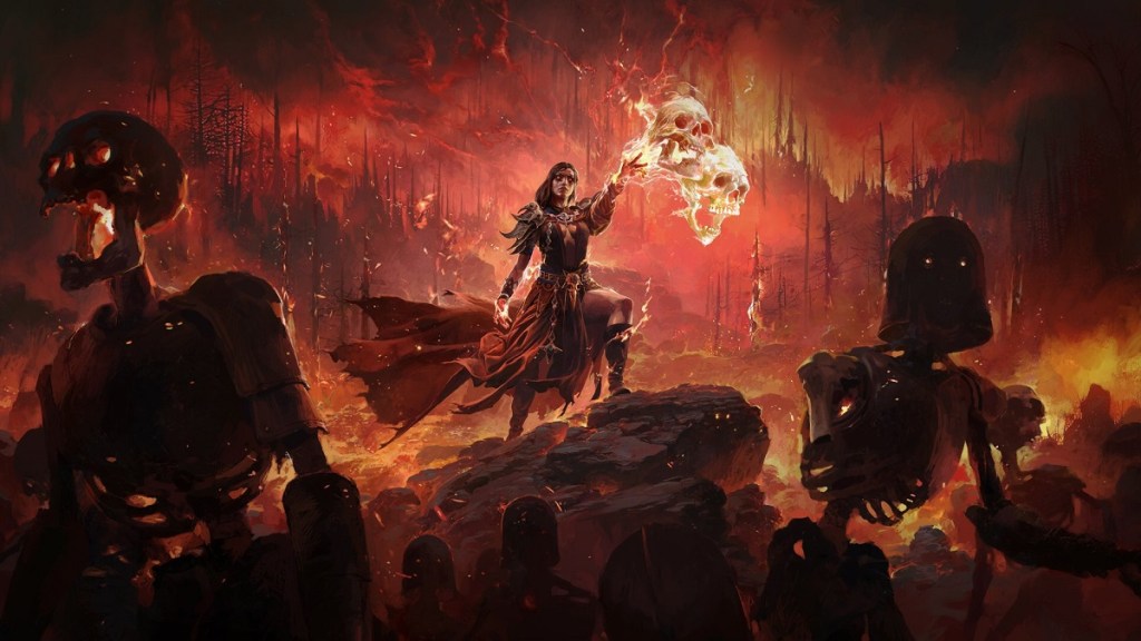 Path of Exile 2: a female warrior with magical powers throws out some flaming skulls as the world burns behind her.